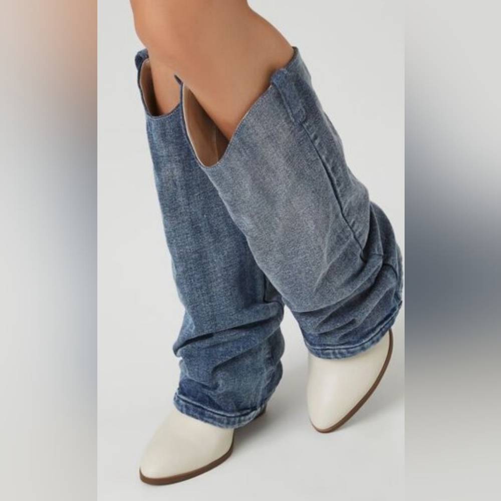 Knee Lenght Cowboy/ Cowgirl Boots Faux Leather Featuring Denim Overlay